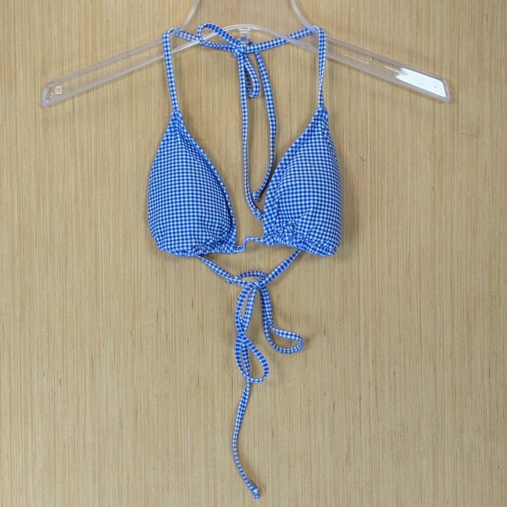 Cabana del Sol Blue White Gingham Triangle Bikini Top Size S Beach Swim Vacation